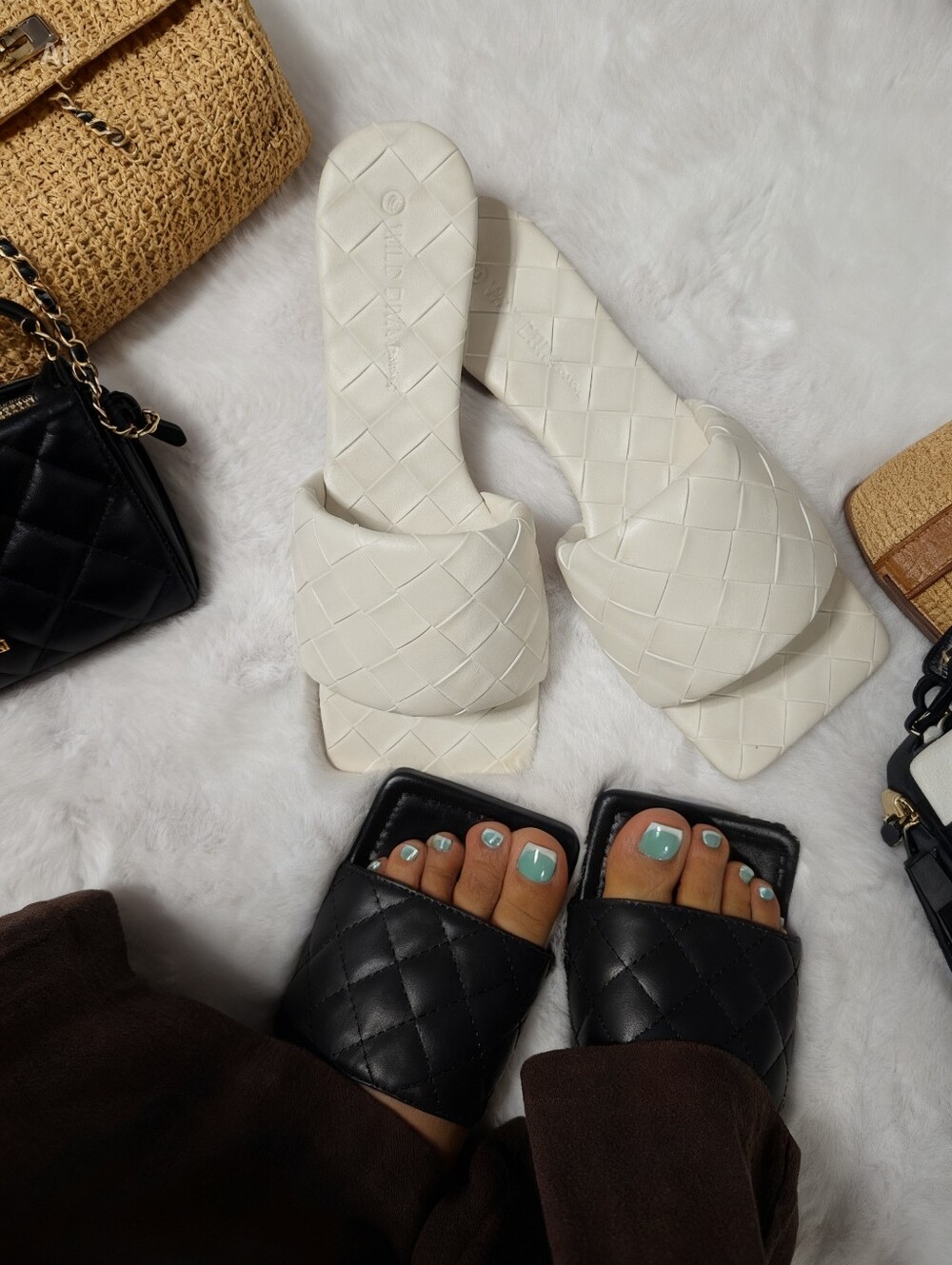 Black Quilted Square Toe Slide Sandals - Picture 3 of 9
